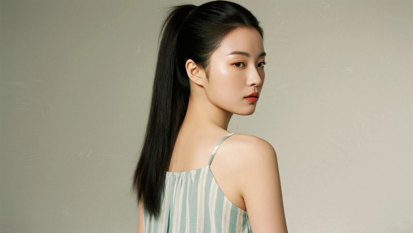AI柔光治愈模特高马尾超长顺直黑发清透女生侧薄荷底色,桌面壁纸