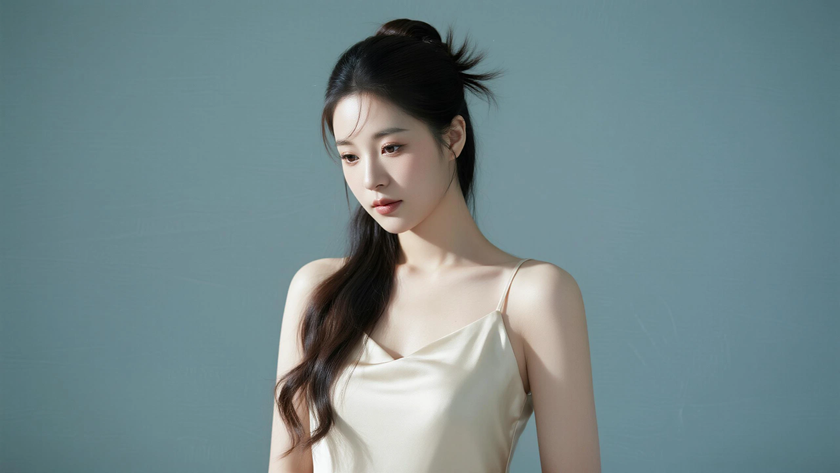 AI清新治愈模特穿搭裸杏缎面吊带裙温润少女正面纯色背景，电脑壁纸
