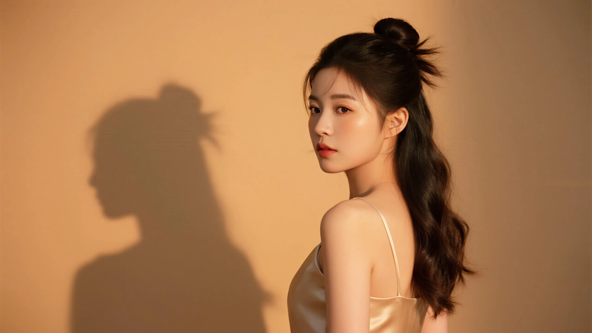 AI柔光治愈模特低挽长卷发发髻温婉女生侧脸裸杏底色，桌面壁纸