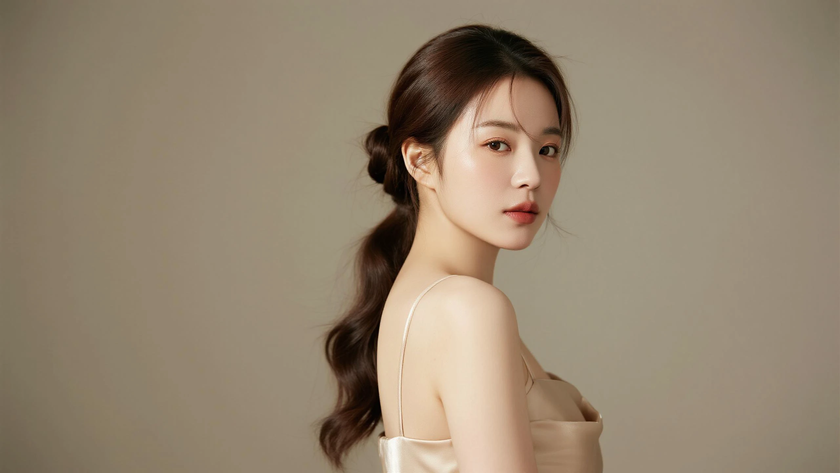 AI纯色极简清新治愈裸杏温润柔和少女，无水印壁纸