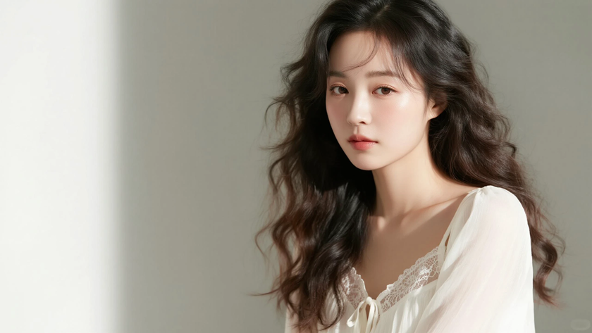 AI清新治愈模特穿搭奶芋白蕾丝吊带裙纯净少女正面纯色背景,电脑壁纸