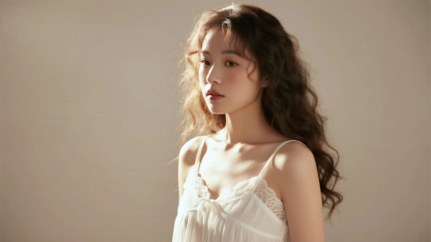 AI柔光治愈模特蓬松超长羊毛卷发柔和女生侧脸奶白底色,桌面壁纸