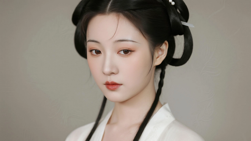 AI国风美人穿搭唐代齐胸襦裙古典少女正面纯色背景,电脑壁纸
