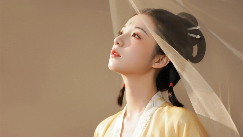 AI氛围感国风美人唐代双丫髻柔美女生侧脸浅唐底色,桌面壁纸