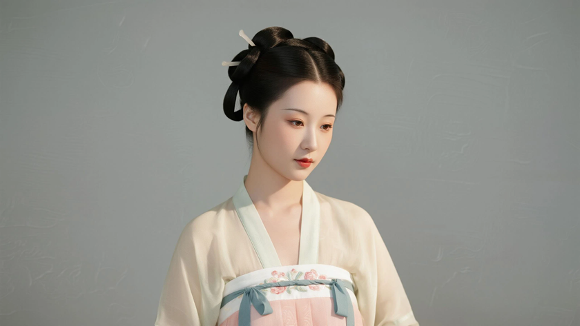 AI纯色极简国风美人浅唐浅底温柔古典女生,无水印壁纸