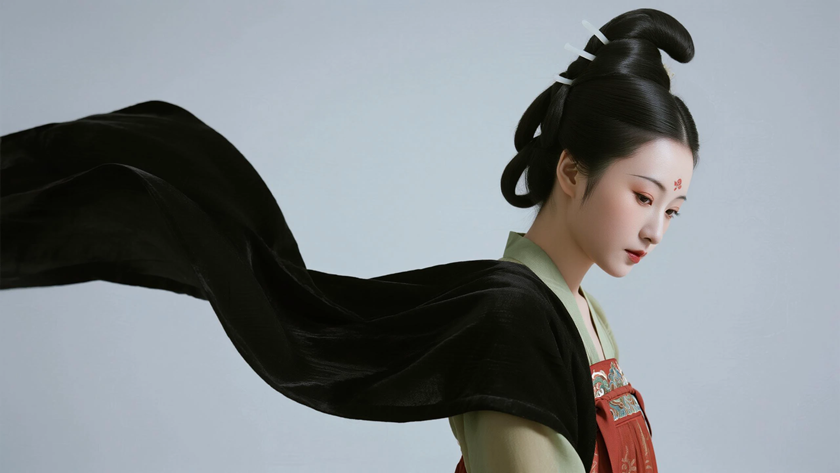 AI国风美人穿搭汉代曲裾深衣优雅女生正面纯色背景,电脑壁纸