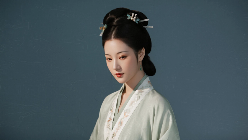 AI国风美人穿搭宋代褙子温婉女生正面纯色背景,电脑壁纸
