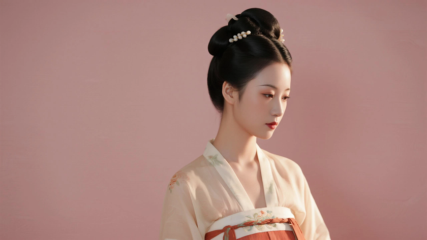 AI国风美人穿搭唐代高腰襦裙古典少女正面纯色背景,电脑壁纸