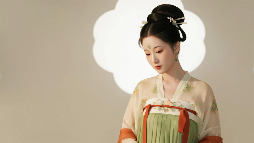 AI氛围感国风美人唐代倭堕髻柔美女生侧脸浅唐底色,桌面壁纸