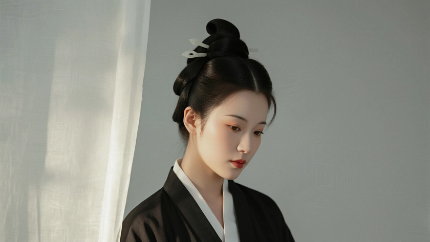 AI国风美人穿搭汉代直裾深衣优雅女生正面纯色背景,电脑壁纸