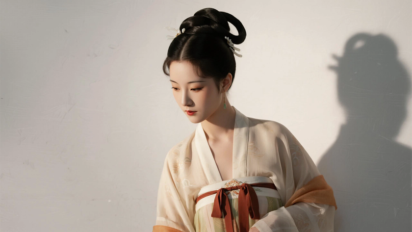AI国风美人穿搭宋代大袖衫温婉女生正面纯色背景,电脑壁纸