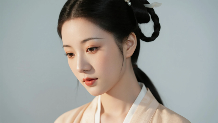 AI氛围感国风美人宋代同心髻古典女生侧脸宋代底色,桌面壁纸