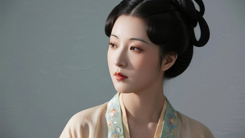 AI氛围感国风美人唐代螺髻柔美女生侧脸浅唐底色,桌面壁纸