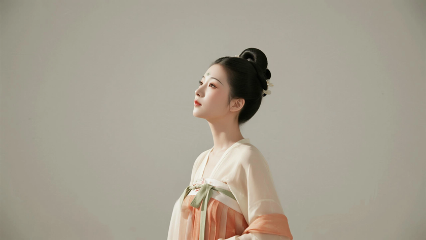 AI国风美人穿搭唐代齐腰襦裙古典少女正面纯色背景,电脑壁纸
