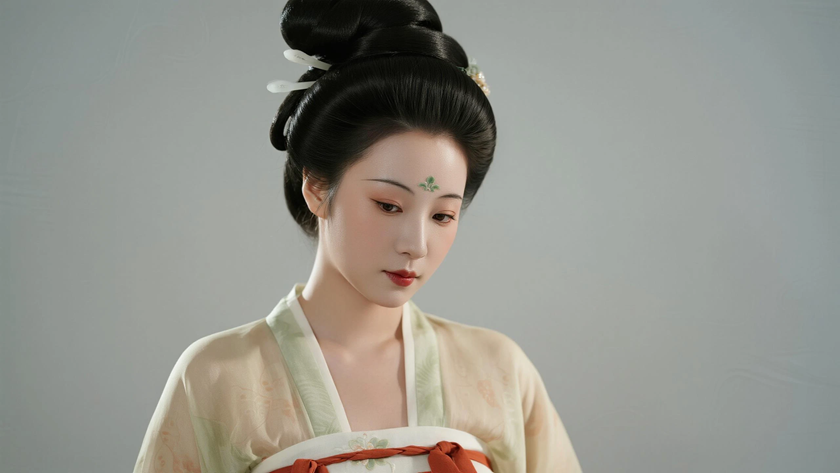 AI纯色极简国风美人浅唐浅底温柔古典女生,无水印壁纸