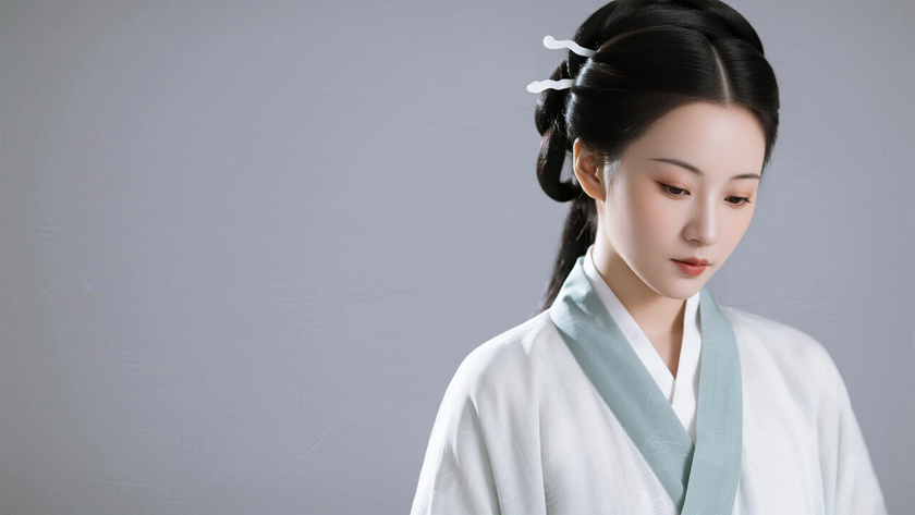 AI国风美人穿搭汉代襦裙优雅女生正面纯色背景,电脑壁纸