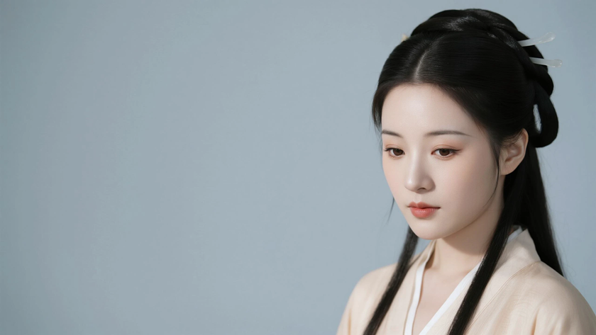 AI氛围感国风美人汉代盘桓髻古典女生侧脸汉代底色,桌面壁纸