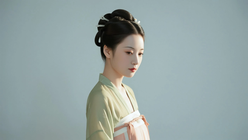 AI国风美人穿搭宋代旋袄温婉女生正面纯色背景,电脑壁纸