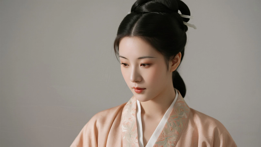 AI氛围感国风美人宋代元宝髻古典女生侧脸宋代底色,桌面壁纸