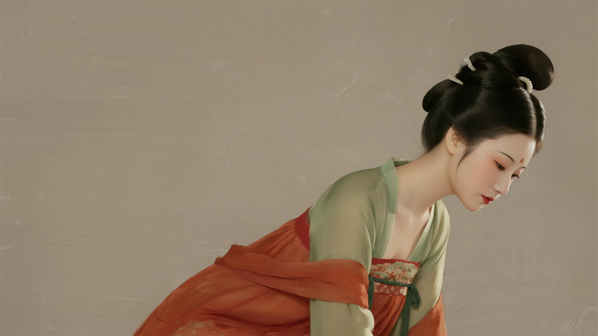 AI国风美人穿搭唐代披帛襦裙古典少女正面纯色背景,电脑壁纸