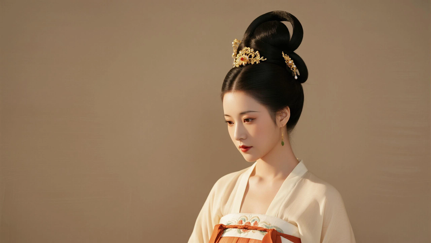 AI氛围感国风美人唐代反绾髻柔美女生侧脸浅唐底色,桌面壁纸