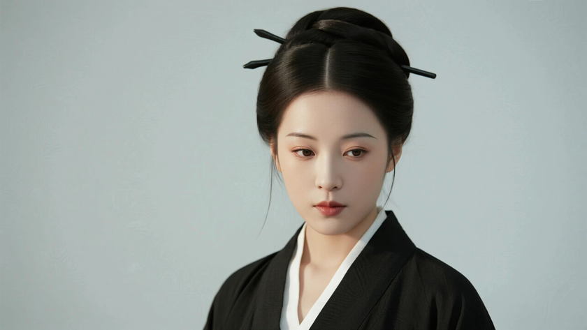 AI国风美人穿搭汉代斗篷优雅女生正面纯色背景，电脑壁纸