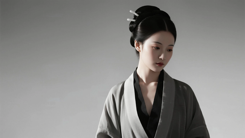 AI氛围感国风美人汉代十字髻古典女生侧脸汉代底色，桌面壁纸