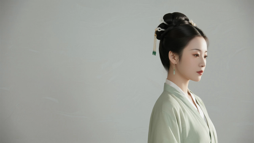 AI国风美人穿搭宋代背子温婉女生正面纯色背景,电脑壁纸