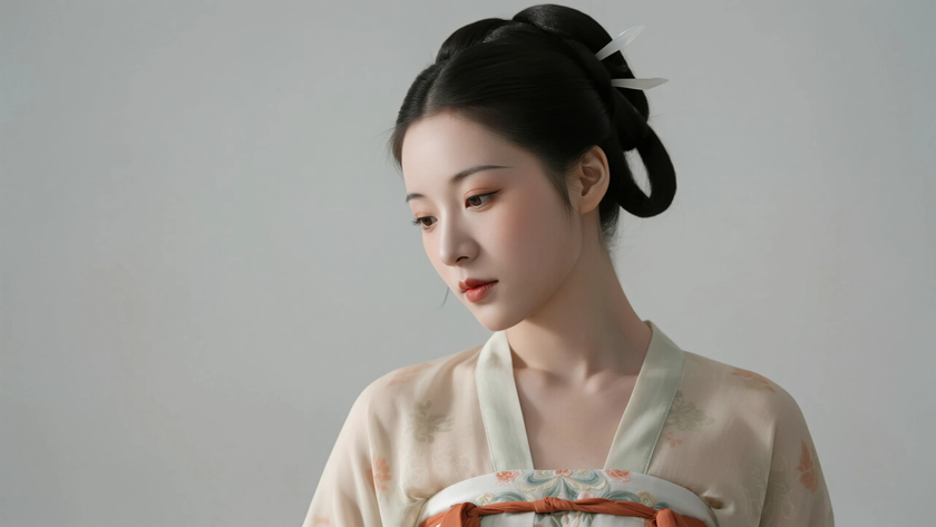 AI国风美人穿搭唐代半臂襦裙古典少女正面纯色背景,电脑壁纸