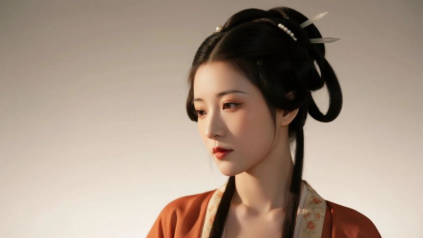 AI氛围感国风美人唐代双刀髻柔美女生侧脸浅唐底色,桌面壁纸