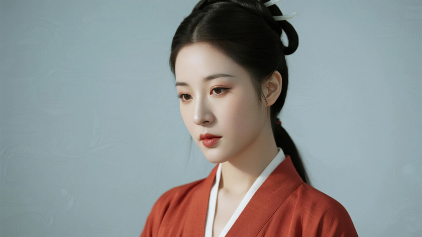 AI国风美人穿搭汉代曲裾优雅女生正面纯色背景,电脑壁纸
