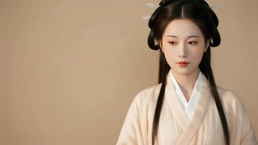 AI氛围感国风美人汉代垂云髻古典女生侧脸汉代底色,桌面壁纸