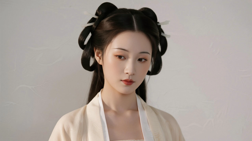 AI氛围感国风美人宋代双丫髻古典女生侧脸宋代底色,桌面壁纸