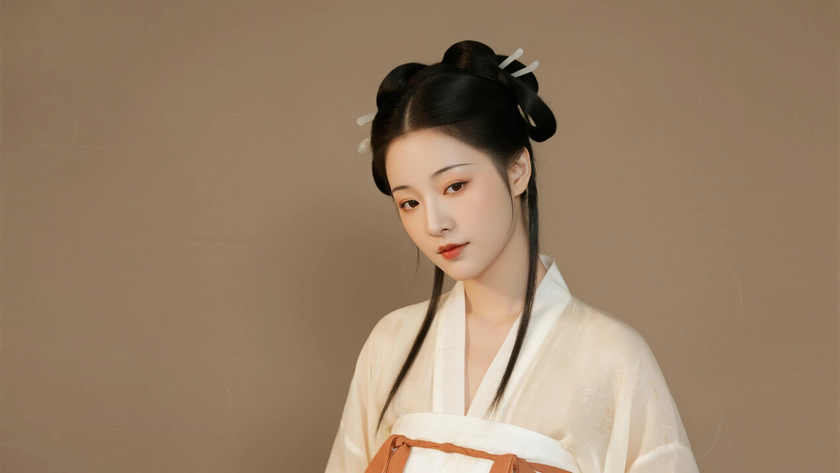 AI国风美人穿搭宋代大袖罗衫温婉女生正面纯色背景,电脑壁纸