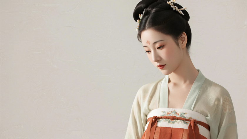 AI国风美人穿搭唐代高腰罗裙古典少女正面纯色背景,电脑壁纸