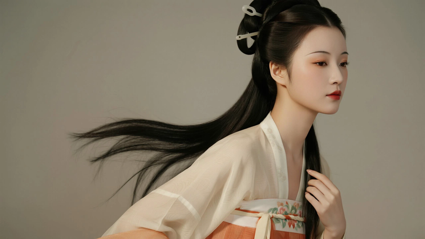 AI氛围感国风美人唐代抛家髻柔美女生侧脸浅唐底色,桌面壁纸