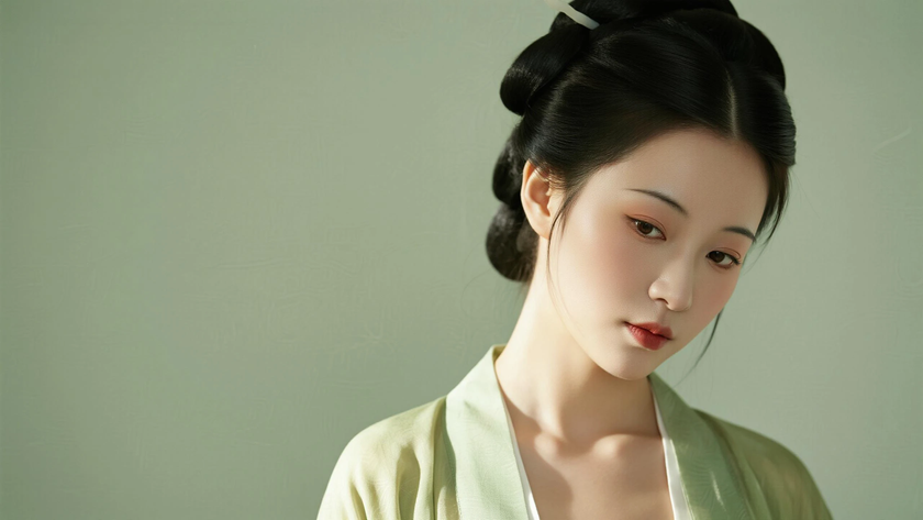 AI氛围感国风美人汉代倭堕髻古典女生侧脸汉代底色,桌面壁纸