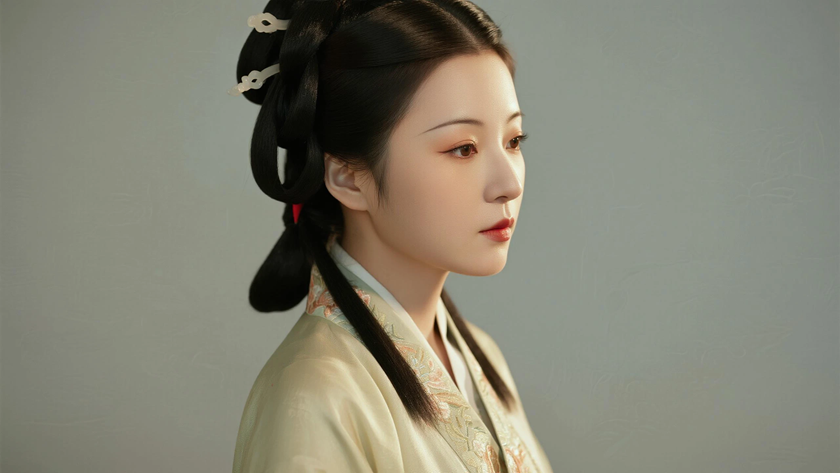 AI国风美人穿搭宋代旋袄裙温婉女生正面纯色背景,电脑壁纸