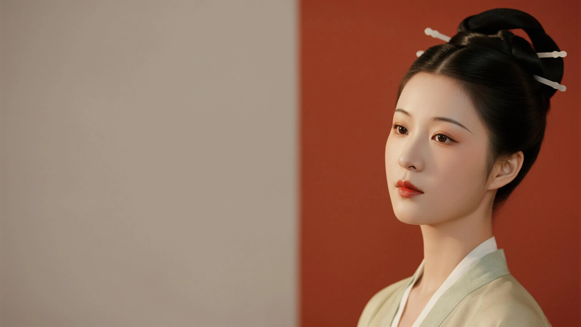 AI纯色极简国风美人宋代温婉古典女生,无水印壁纸
