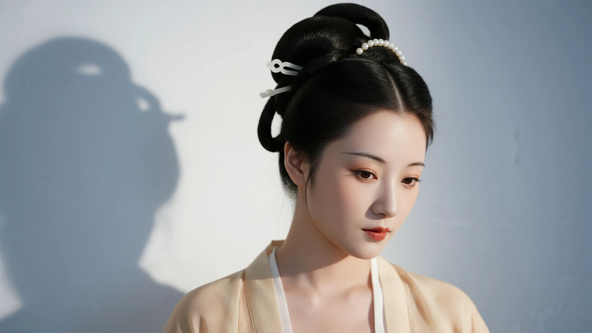 AI国风美人穿搭唐代披帛罗裙古典少女正面纯色背景,电脑壁纸