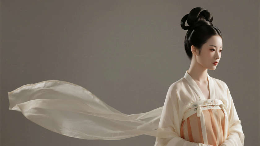 AI氛围感国风美人唐代螺髻柔美女生侧脸浅唐底色,桌面壁纸