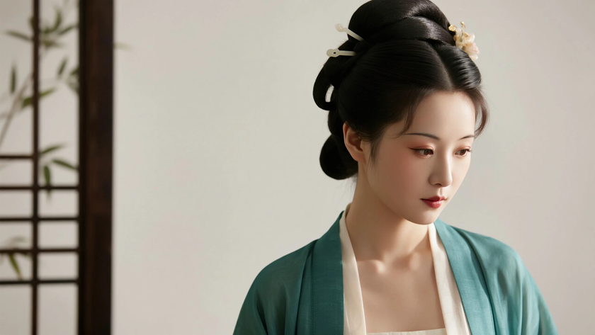 AI纯色极简国风美人浅唐浅底温柔古典女生,无水印壁纸