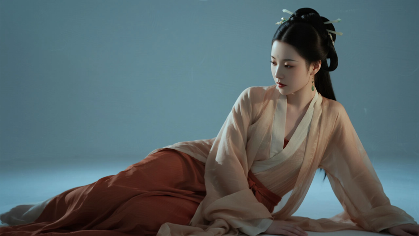 AI国风美人穿搭汉代斗篷裙优雅女生正面纯色背景,电脑壁纸