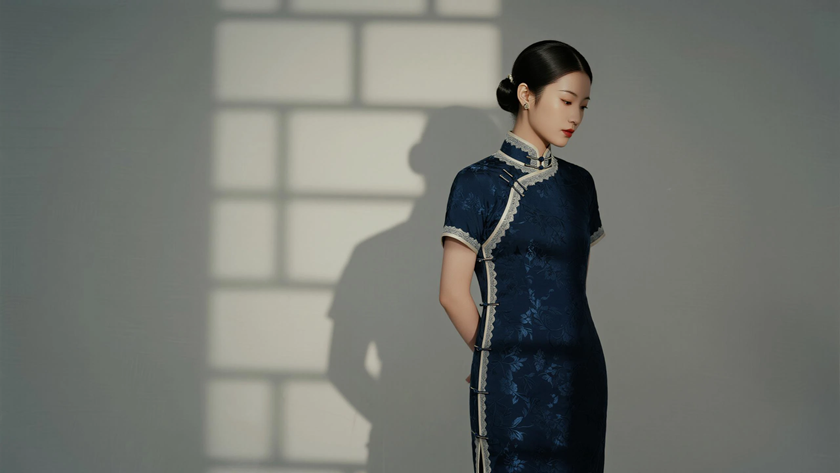 AI氛围感侧边低盘长发冷艳女生藏青灰底色桌面壁纸