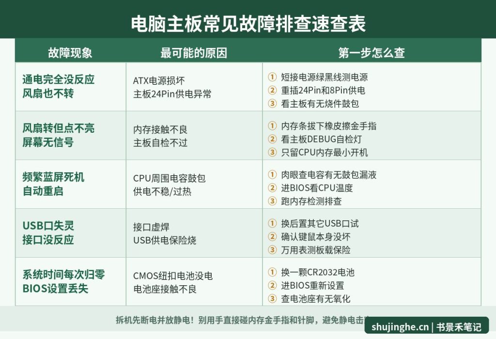 电脑主板常见故障排查速查表,不通电点不亮蓝屏USB失灵对应原因和排查方法