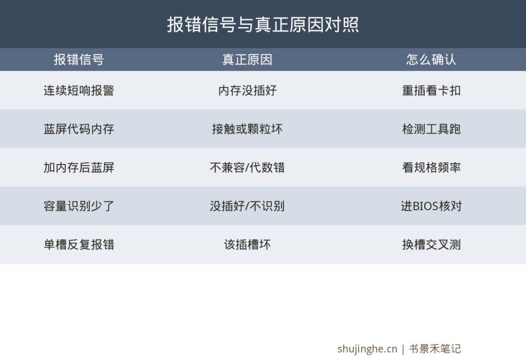 电脑内存报错信号对照图,报警声蓝屏容量异常分别对应没插好不兼容插槽坏及确认方法