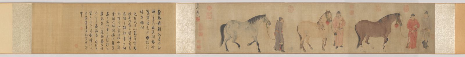元任仁发三骏图卷全卷,三马四圉官连题跋鉴藏印,克利夫兰艺术博物馆藏绢本设色手卷