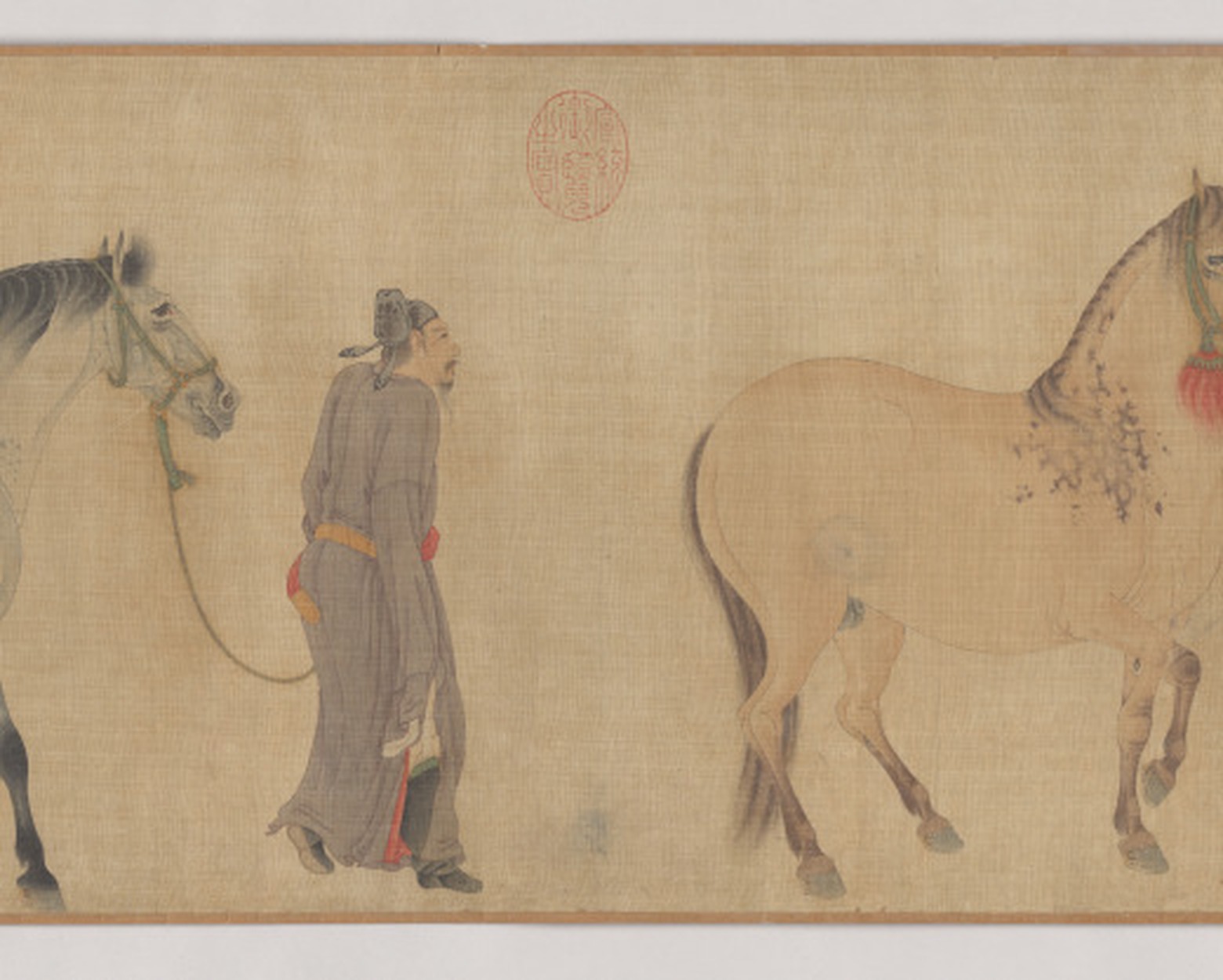三骏图卷白青斑马灰衣圉官与乾隆御览之宝鉴藏印局部,元任仁发画马高清扫描