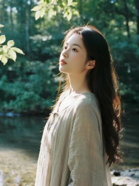 4K森系AI女生手机壁纸 | 森林小溪清新美人竖屏套图