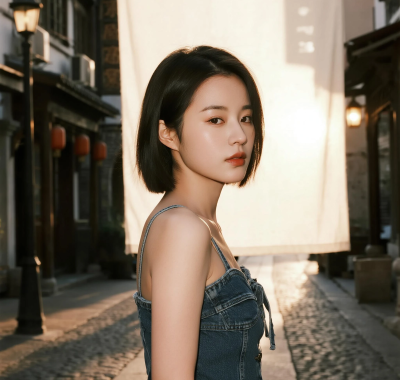 AI港风复古高清图集 | 女子街头牛仔短发套图
